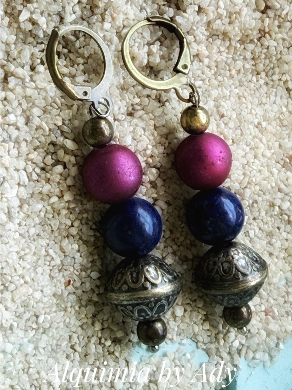 LAPIS LAZULI Magenta and Navy Beaded Drop Earrings with Antique Silver Accents